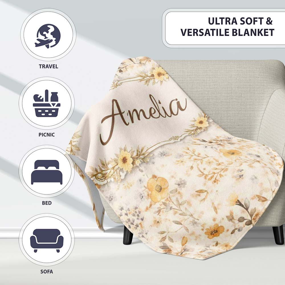 Soft Neutral Floral Botanical Seamless Pattern Beautiful Coffee Cup Personalised Custom Name Super Soft Fleece Blanket Bed Sofa Throw