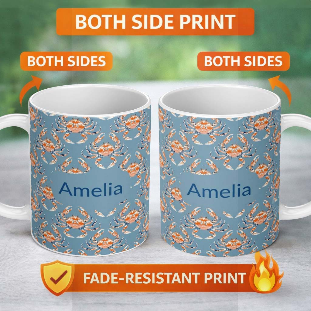 Personalized Custom Name Orange Crab Ocean Marine Life Seamless Pattern Coastal Design Name 11oz Ceramic Coffee Tea Mug White Large Handle