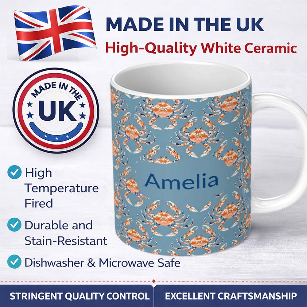 Personalized Custom Name Orange Crab Ocean Marine Life Seamless Pattern Coastal Design Name 11oz Ceramic Coffee Tea Mug White Large Handle