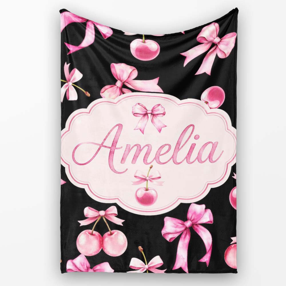 Watercolor Pink Cherry Ribbon Bow Seamless Pattern Light Grey Lovely Personalised Custom Name Super Soft Fleece Blanket Bed Sofa Throw