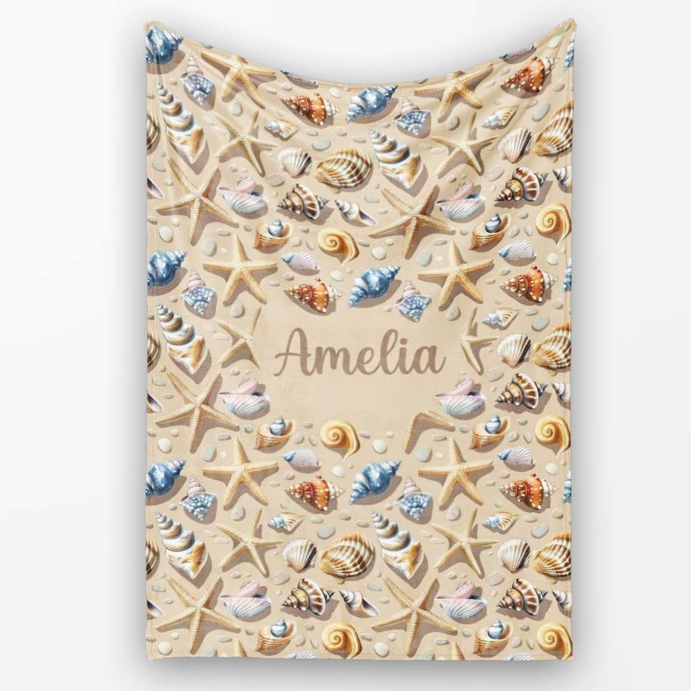 Seashells and Starfish Beach Seamless Pattern Coastal Ocean Design Personalised Custom Name Super Soft Fleece Blanket Bed Sofa Throw