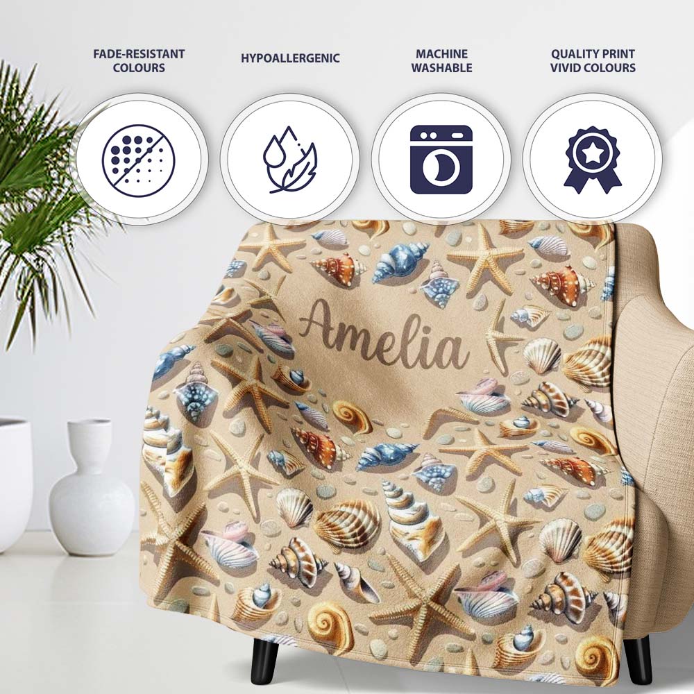 Seashells and Starfish Beach Seamless Pattern Coastal Ocean Design Personalised Custom Name Super Soft Fleece Blanket Bed Sofa Throw