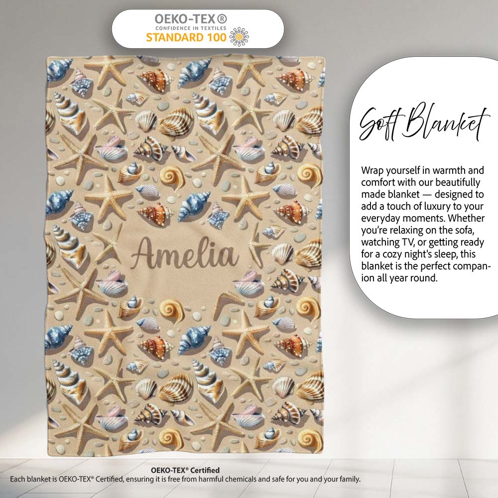 Seashells and Starfish Beach Seamless Pattern Coastal Ocean Design Personalised Custom Name Super Soft Fleece Blanket Bed Sofa Throw