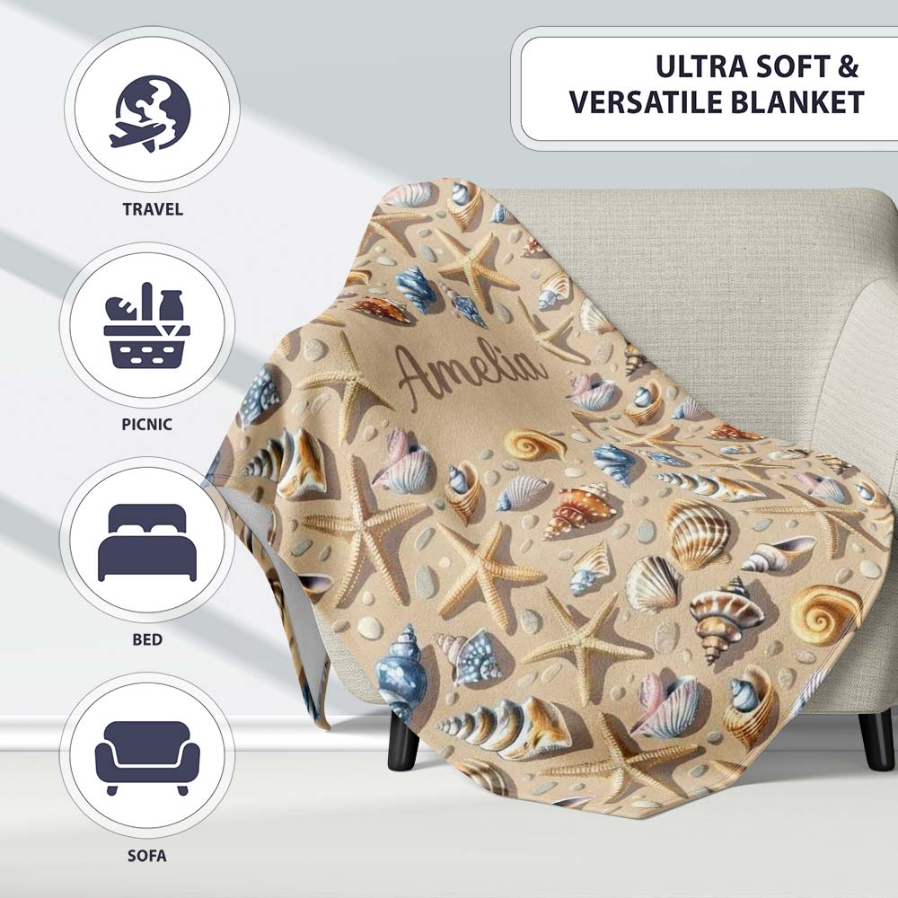 Seashells and Starfish Beach Seamless Pattern Coastal Ocean Design Personalised Custom Name Super Soft Fleece Blanket Bed Sofa Throw
