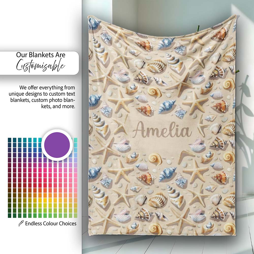 Seashells and Starfish Beach Seamless Pattern Coastal Ocean Design Personalised Custom Name Super Soft Fleece Blanket Bed Sofa Throw