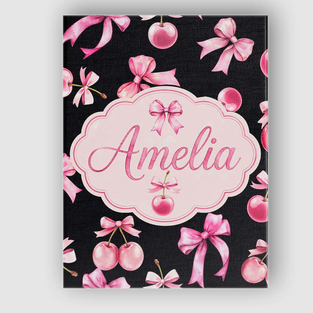 Personalised Name Watercolor Pink Cherry Ribbon Bow Seamless Pattern Custom Home Canvas Wall Art Print Decor Picture Ready to Hang