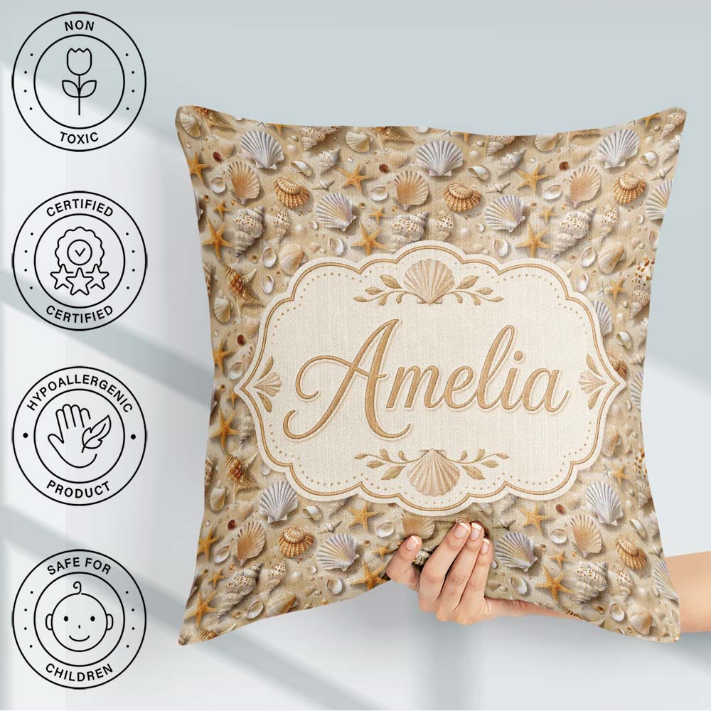 Custom Name Seashell Starfish Sandy Beach Seamless Pattern Ocean Square Filled Cushion Throw Pillow Sofa Bed Home Decor Zip Washable UK Made