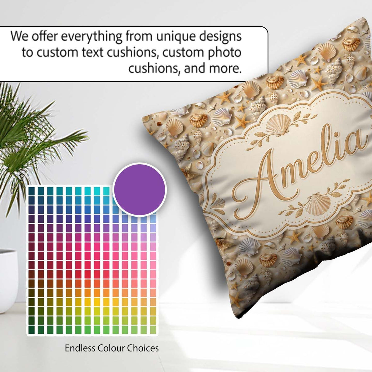 Custom Name Seashell Starfish Sandy Beach Seamless Pattern Ocean Square Filled Cushion Throw Pillow Sofa Bed Home Decor Zip Washable UK Made