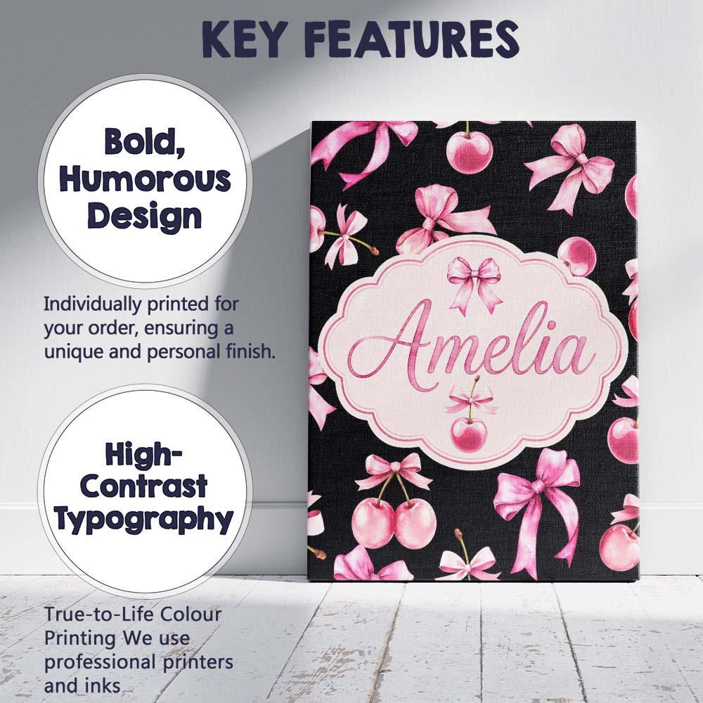 Personalised Name Watercolor Pink Cherry Ribbon Bow Seamless Pattern Custom Home Canvas Wall Art Print Decor Picture Ready to Hang