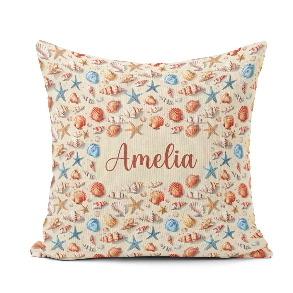 Custom Name Colorful Seashell Starfish Seamless Pattern Vibrant Square Filled Cushion Throw Pillow Sofa Bed Home Decor Zip Washable UK Made