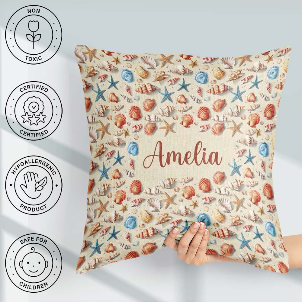 Custom Name Colorful Seashell Starfish Seamless Pattern Vibrant Square Filled Cushion Throw Pillow Sofa Bed Home Decor Zip Washable UK Made