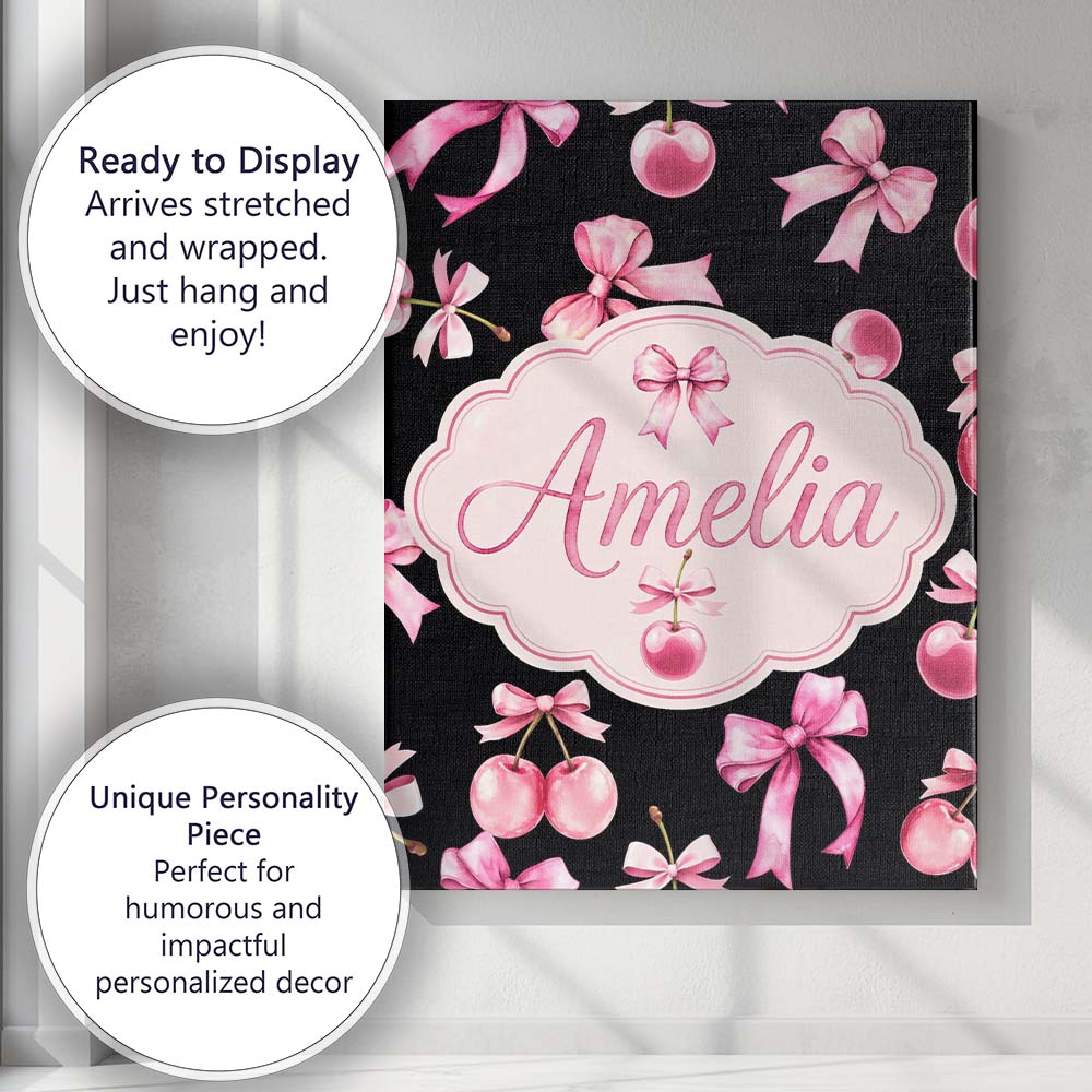 Personalised Name Watercolor Pink Cherry Ribbon Bow Seamless Pattern Custom Home Canvas Wall Art Print Decor Picture Ready to Hang
