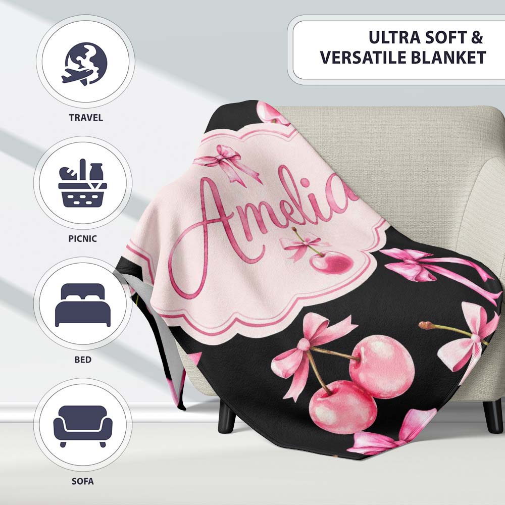 Watercolor Pink Cherry Ribbon Bow Seamless Pattern Light Grey Lovely Personalised Custom Name Super Soft Fleece Blanket Bed Sofa Throw