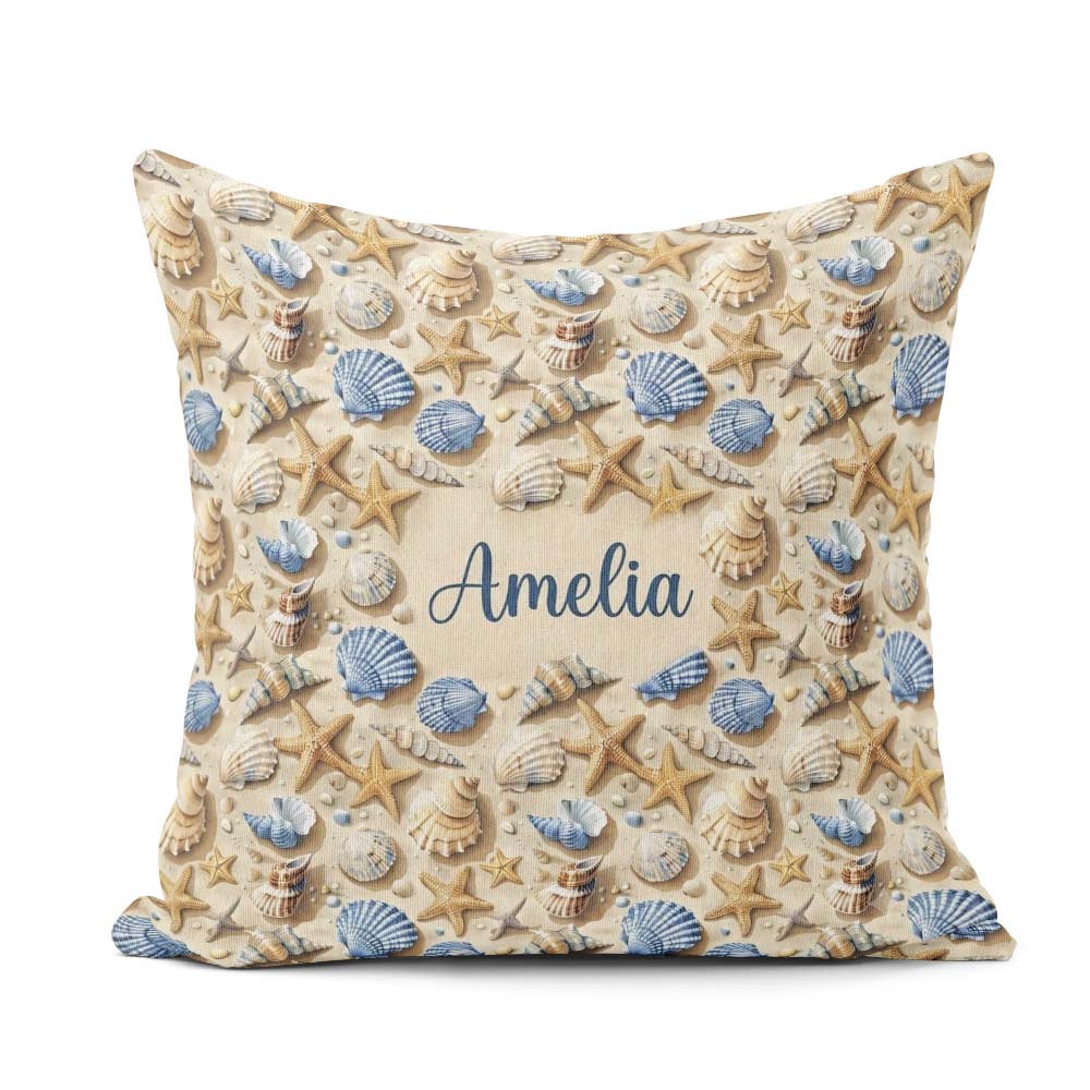 Custom Name Blue Seashell Starfish Sand Seamless Pattern Coastal Square Filled Cushion Throw Pillow Sofa Bed Home Decor Zip Washable UK Made