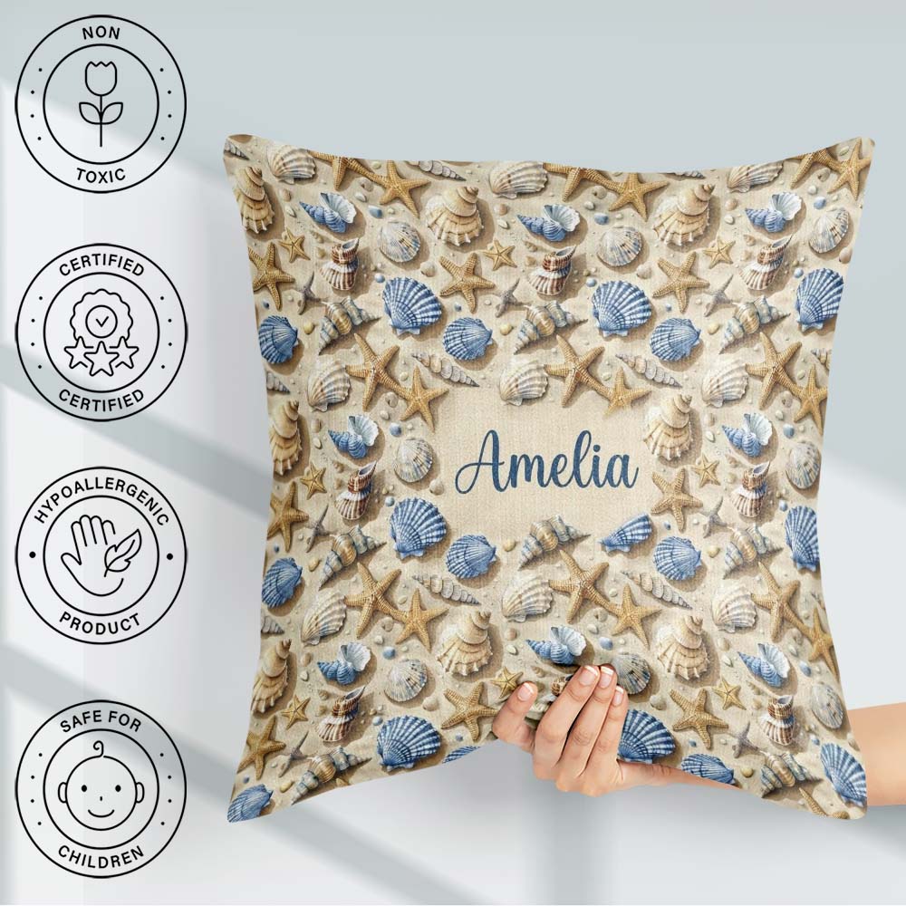 Custom Name Blue Seashell Starfish Sand Seamless Pattern Coastal Square Filled Cushion Throw Pillow Sofa Bed Home Decor Zip Washable UK Made