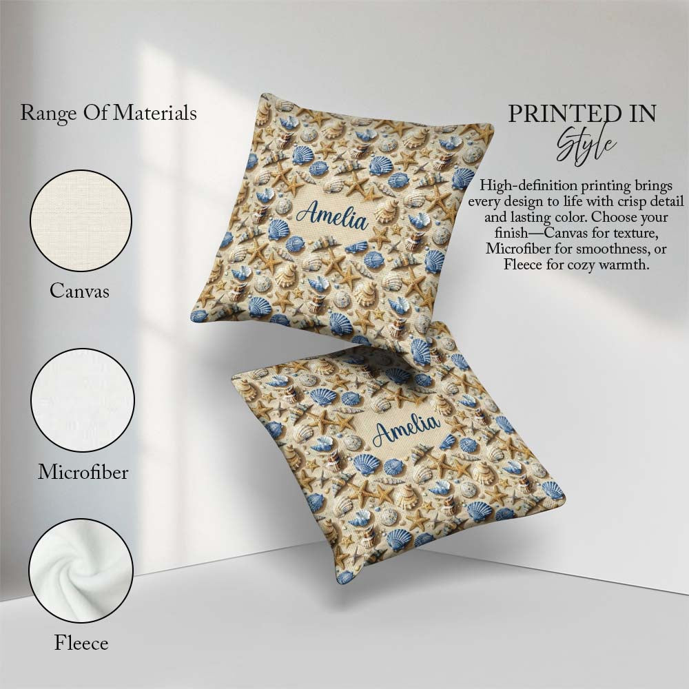 Custom Name Blue Seashell Starfish Sand Seamless Pattern Coastal Square Filled Cushion Throw Pillow Sofa Bed Home Decor Zip Washable UK Made