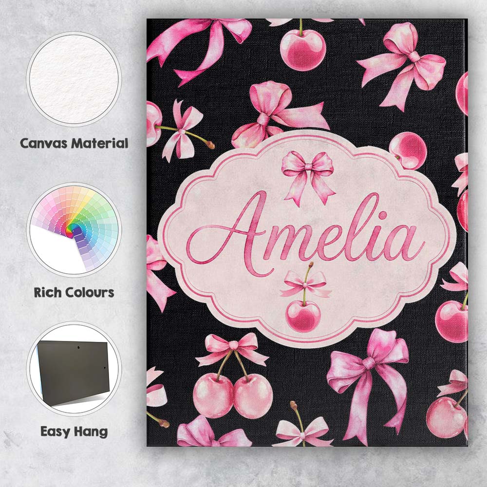 Personalised Name Watercolor Pink Cherry Ribbon Bow Seamless Pattern Custom Home Canvas Wall Art Print Decor Picture Ready to Hang