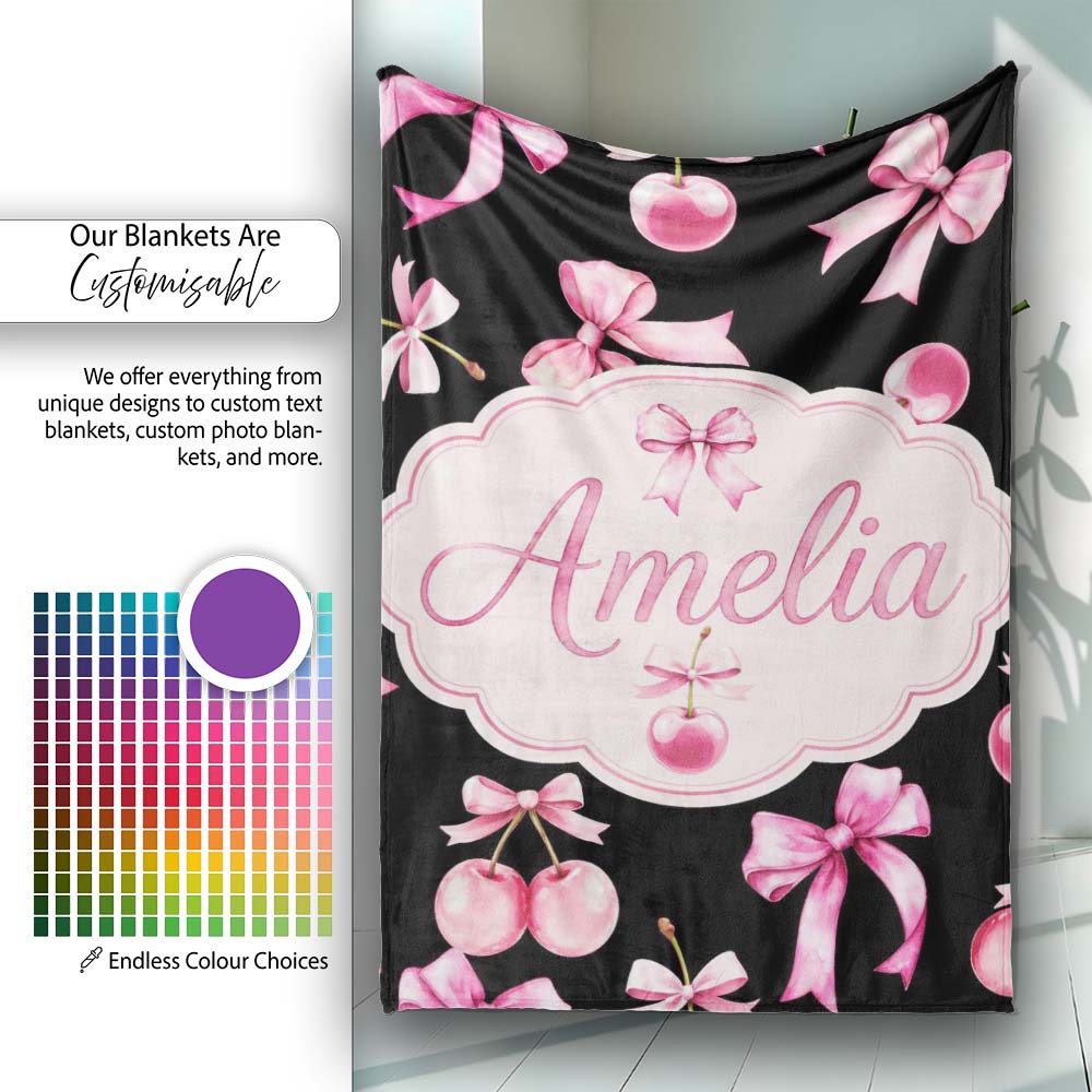 Watercolor Pink Cherry Ribbon Bow Seamless Pattern Light Grey Lovely Personalised Custom Name Super Soft Fleece Blanket Bed Sofa Throw