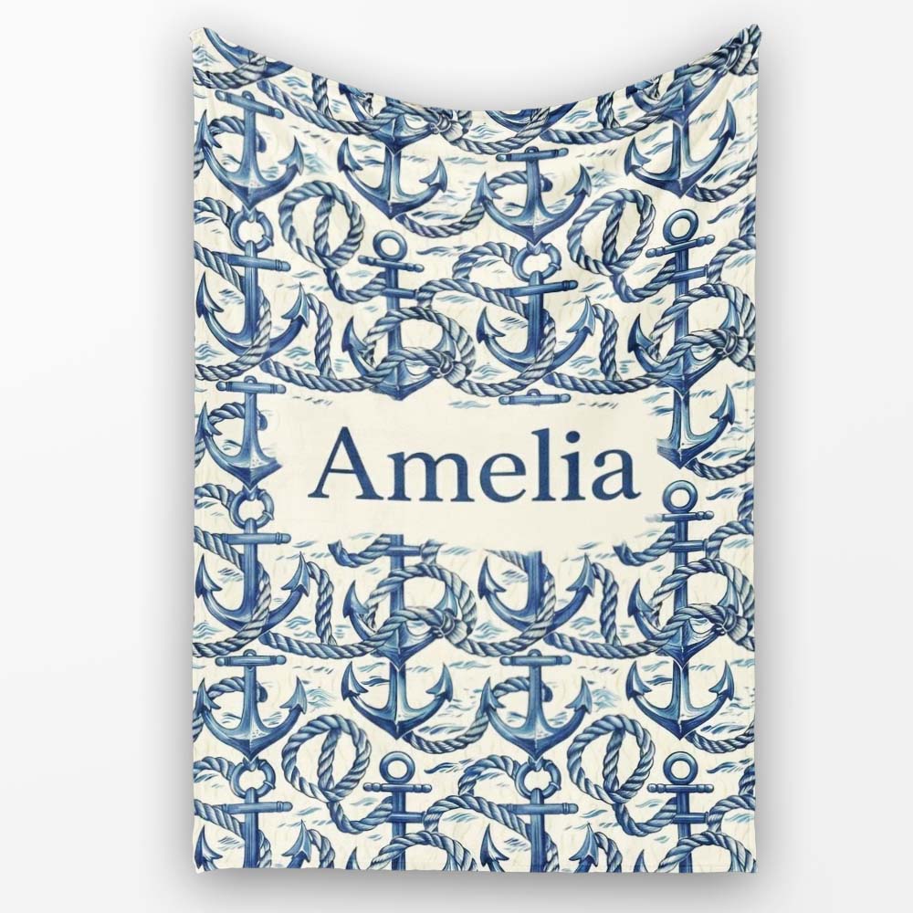 Nautical Anchor Rope Seamless Pattern Classic Marine Ocean Theme Personalised Custom Name Super Soft Fleece Blanket Bed Sofa Throw