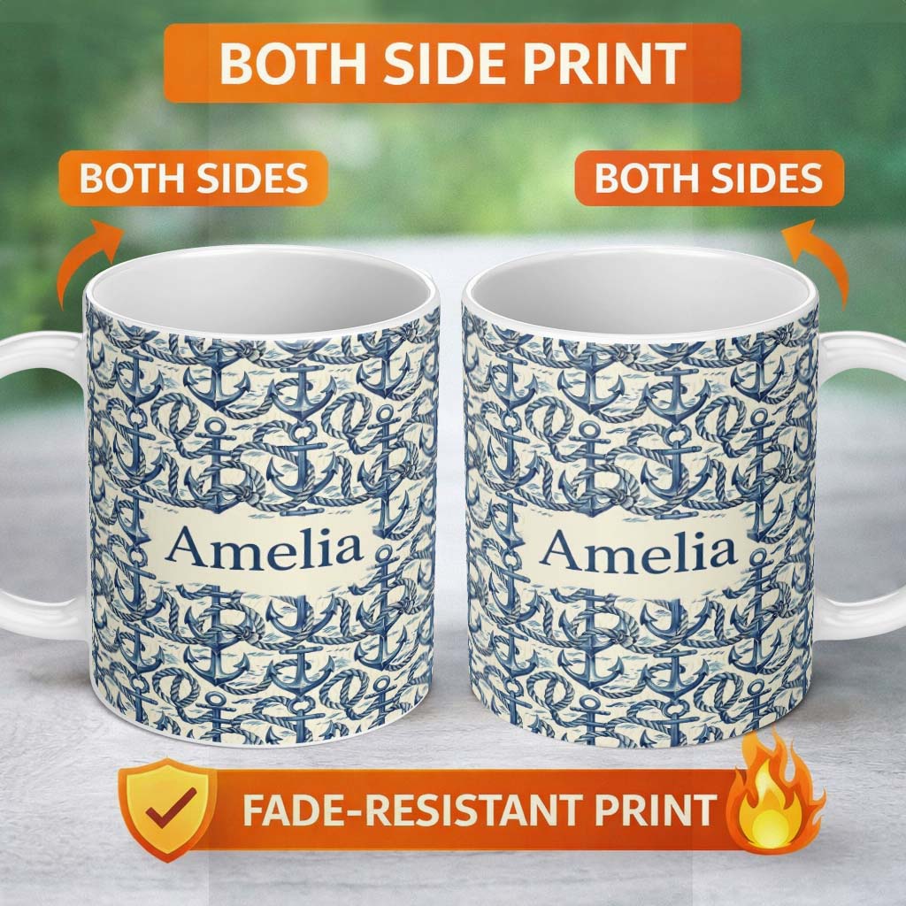 Personalized Custom Name Nautical Anchor Rope Seamless Pattern Classic Marine Ocean Theme 11oz Ceramic Coffee Tea Mug White Large Handle