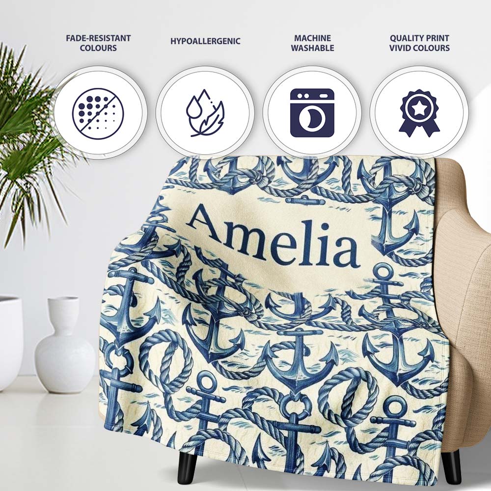 Nautical Anchor Rope Seamless Pattern Classic Marine Ocean Theme Personalised Custom Name Super Soft Fleece Blanket Bed Sofa Throw