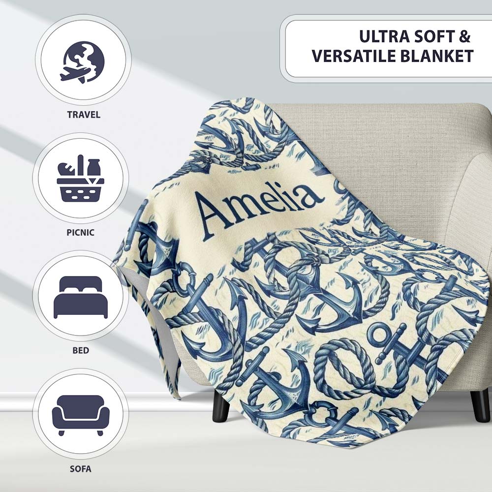 Nautical Anchor Rope Seamless Pattern Classic Marine Ocean Theme Personalised Custom Name Super Soft Fleece Blanket Bed Sofa Throw