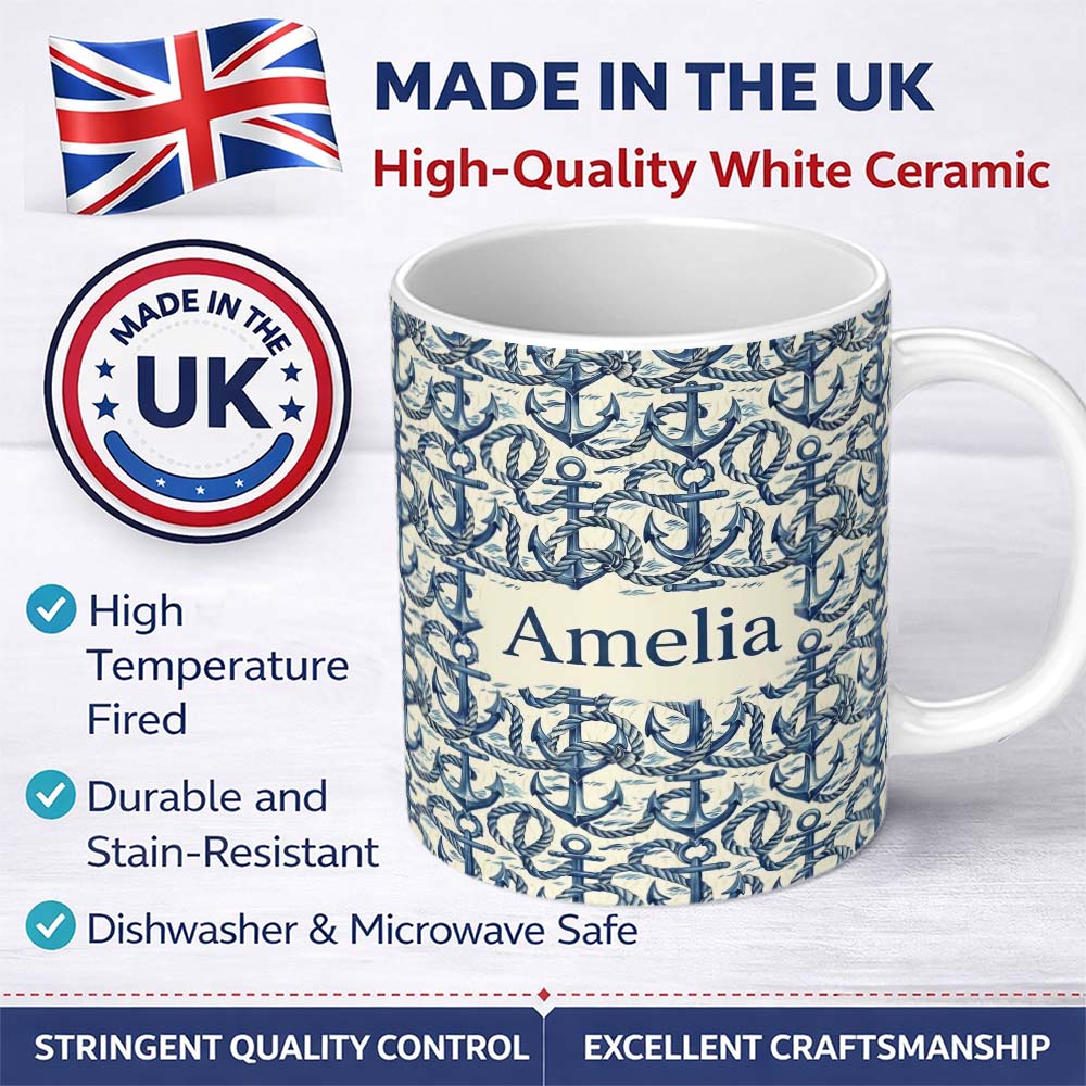 Personalized Custom Name Nautical Anchor Rope Seamless Pattern Classic Marine Ocean Theme 11oz Ceramic Coffee Tea Mug White Large Handle