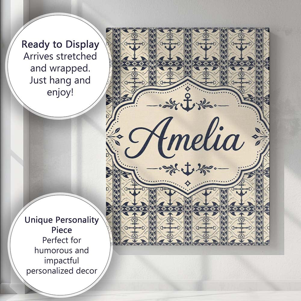 Personalised Name Nautical Anchor Stripe Custom Unique Gift Idea Elegant Feature Canvas Wall Art Print Decor Picture Ready to Hang