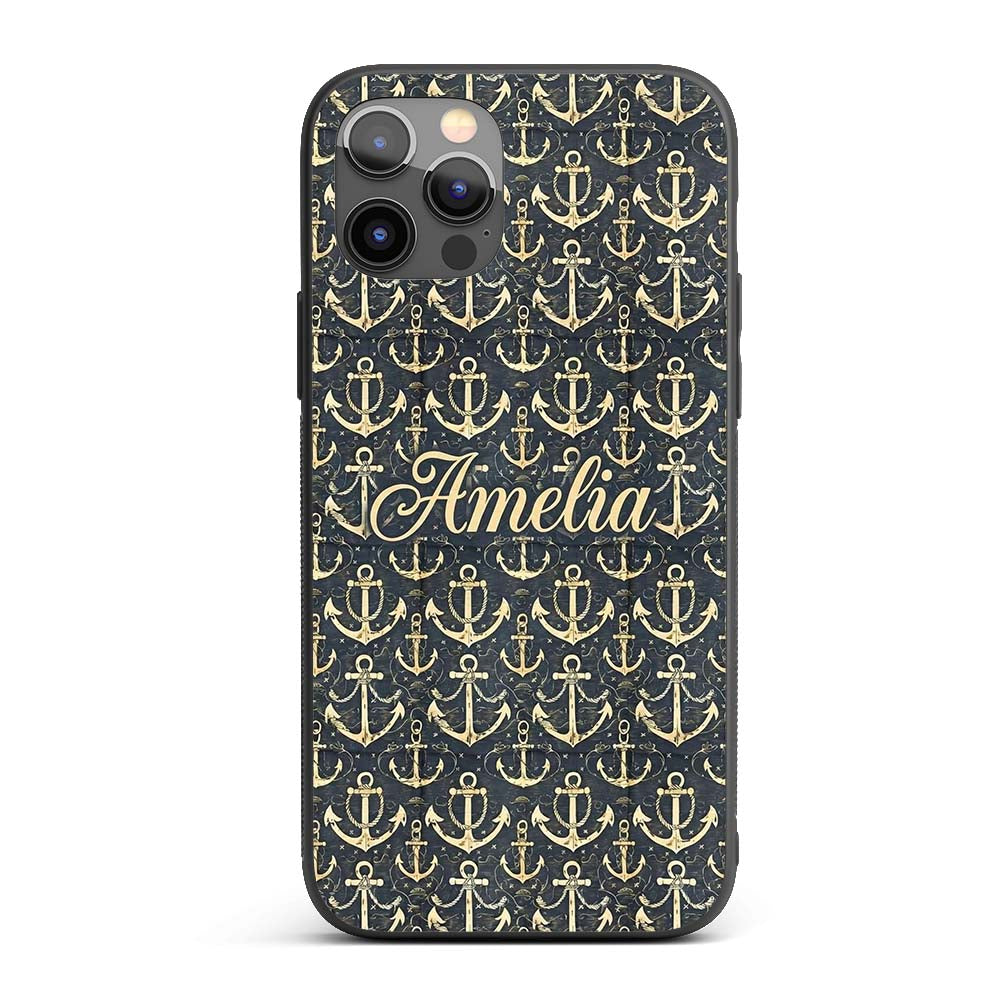 Vintage Anchor Rope Maritime Seamless Pattern Custom Name Protective Phone Case Mobile Cover Durable Everyday Smartphone Shock Resistant