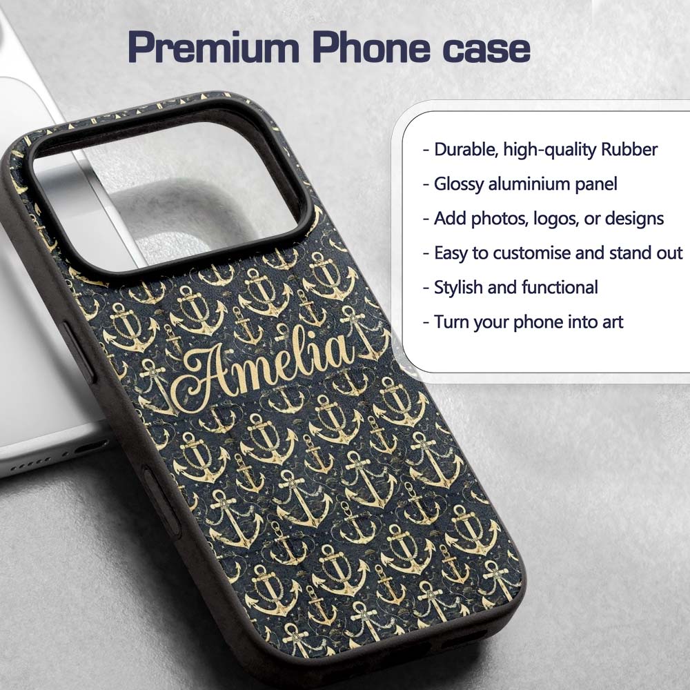 Vintage Anchor Rope Maritime Seamless Pattern Custom Name Protective Phone Case Mobile Cover Durable Everyday Smartphone Shock Resistant