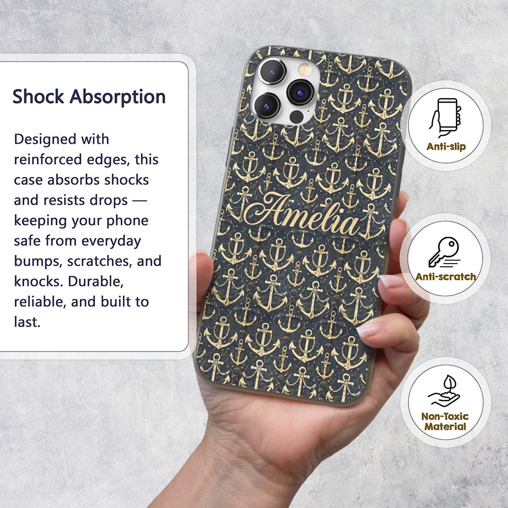 Vintage Anchor Rope Maritime Seamless Pattern Custom Name Protective Phone Case Mobile Cover Durable Everyday Smartphone Shock Resistant