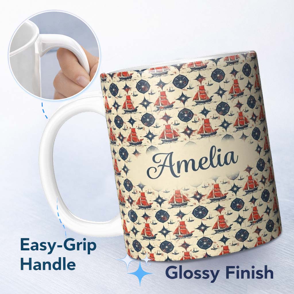 Personalized Custom Name Red Sailboat Compass Seamless Pattern Vintage Nautical Ocean Design 11oz Ceramic Coffee Tea Mug White Large Handle