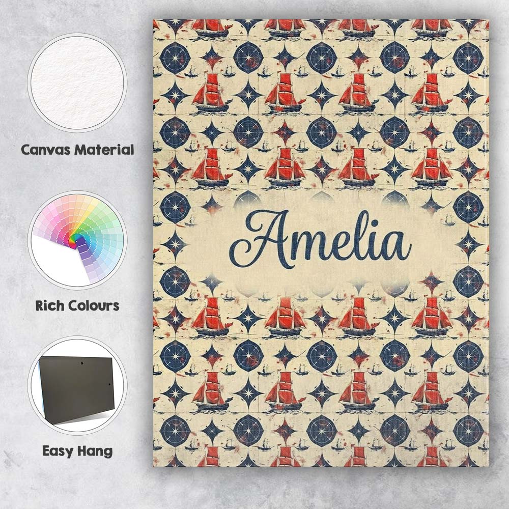 Personalised Name Red Sailboat Compass Custom Modern Room Accent Elegant Feature Canvas Wall Art Print Decor Picture Ready to Hang