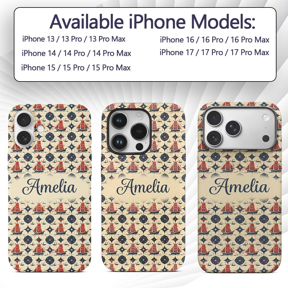 Red Sailboat Compass Seamless Pattern Vintage Custom Name Protective Phone Case Mobile Cover Durable Everyday Smartphone Shock Resistant