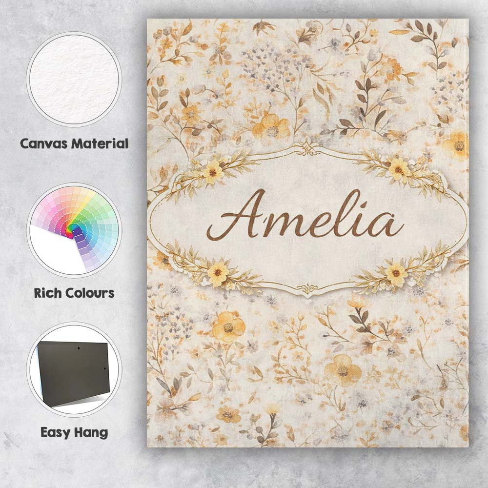 Personalised Name Soft Neutral Floral Botanical Seamless Pattern Custom Interior Canvas Wall Art Print Decor Picture Ready to Hang
