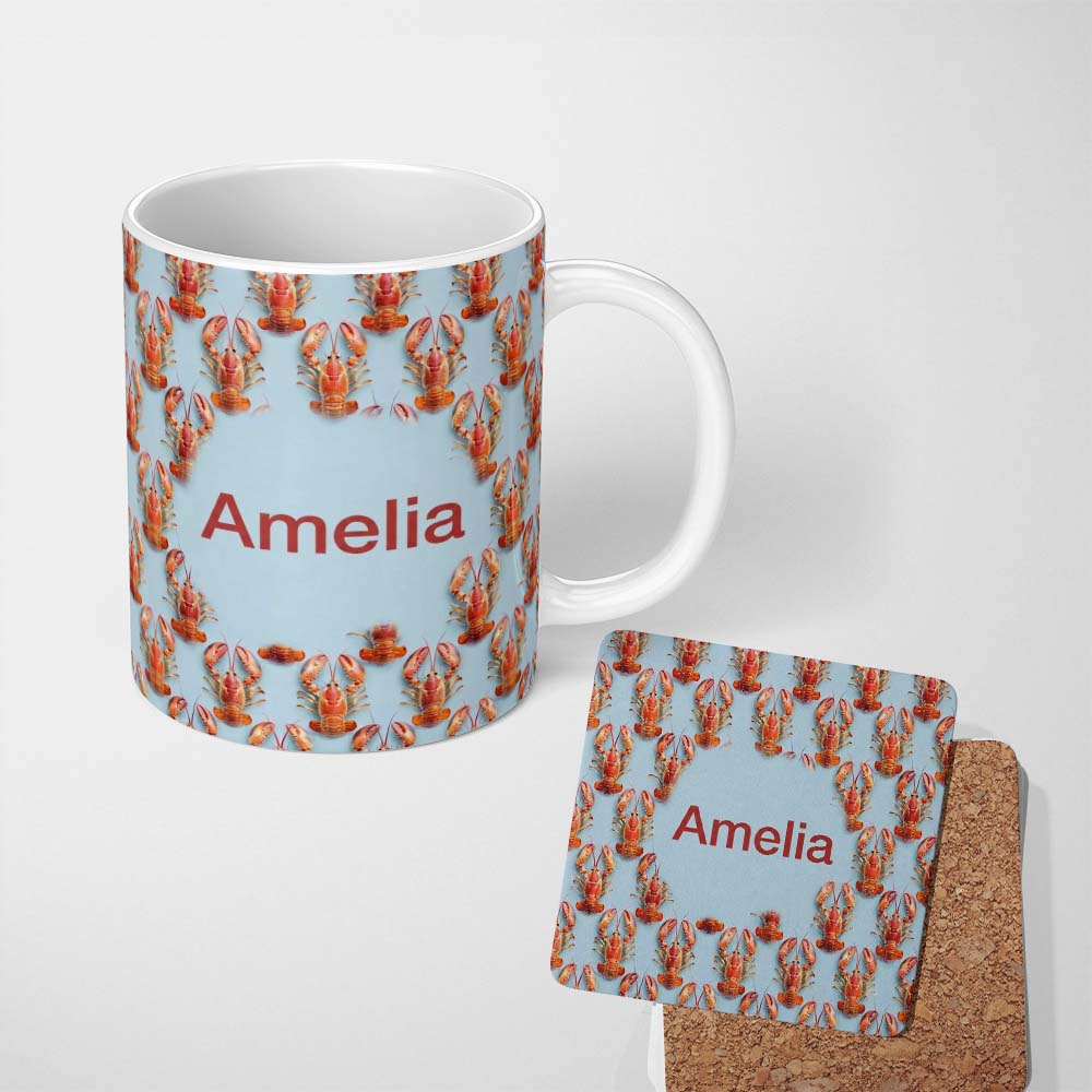Personalized Custom Name Realistic Lobster Seamless Pattern Marine Ocean Food Theme Name Cute 11oz Ceramic Coffee Tea Mug White Large Handle