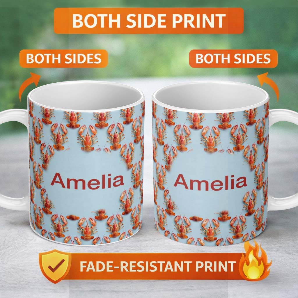 Personalized Custom Name Realistic Lobster Seamless Pattern Marine Ocean Food Theme Name Cute 11oz Ceramic Coffee Tea Mug White Large Handle