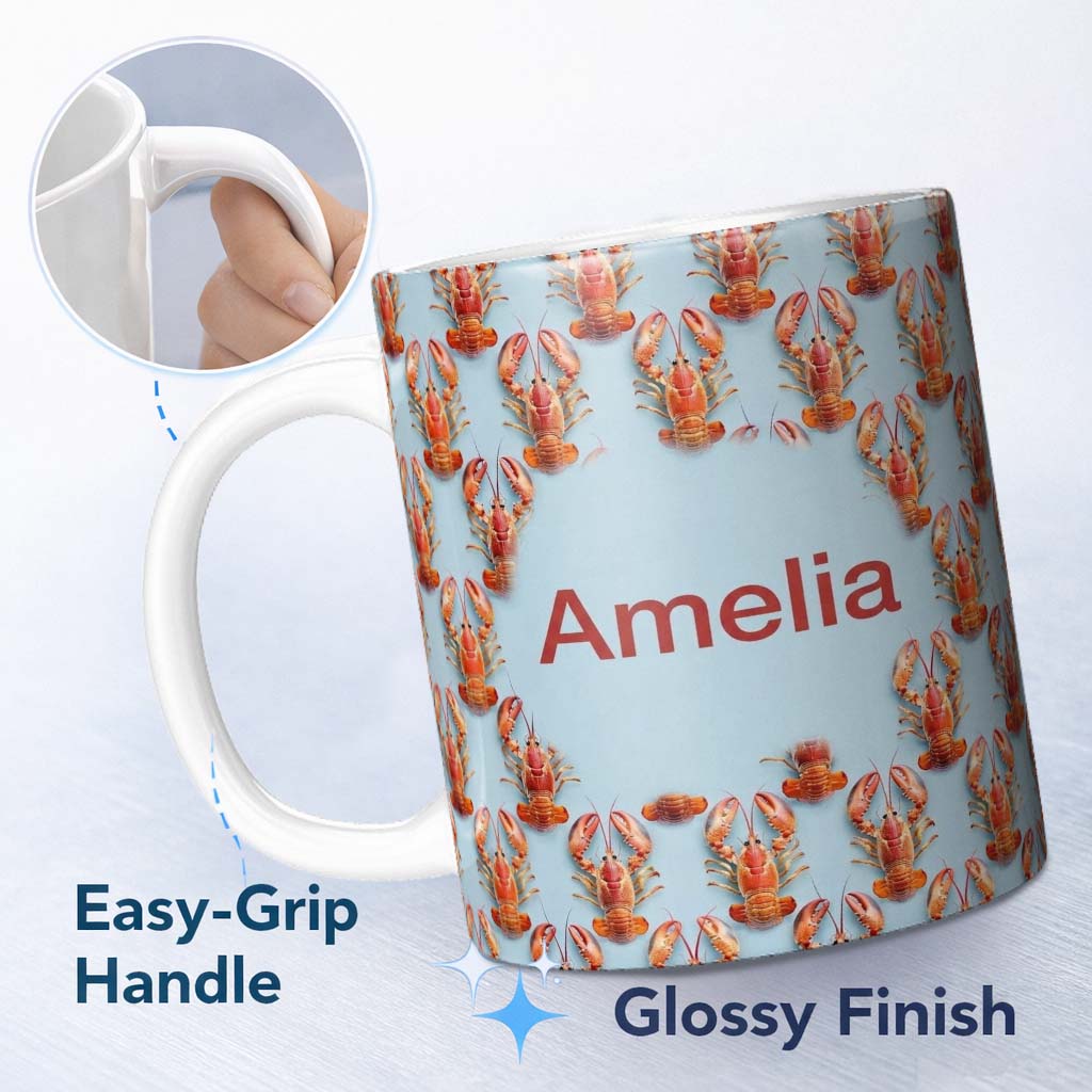 Personalized Custom Name Realistic Lobster Seamless Pattern Marine Ocean Food Theme Name Cute 11oz Ceramic Coffee Tea Mug White Large Handle