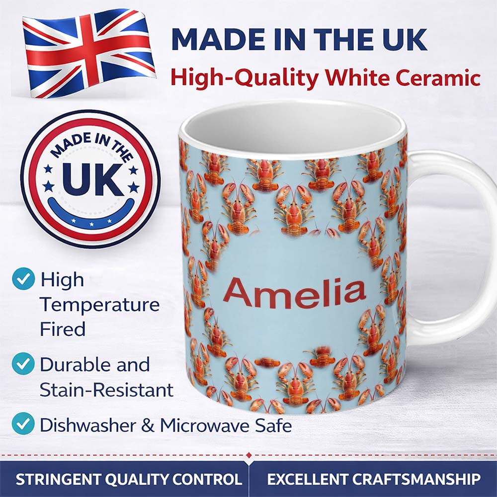 Personalized Custom Name Realistic Lobster Seamless Pattern Marine Ocean Food Theme Name Cute 11oz Ceramic Coffee Tea Mug White Large Handle