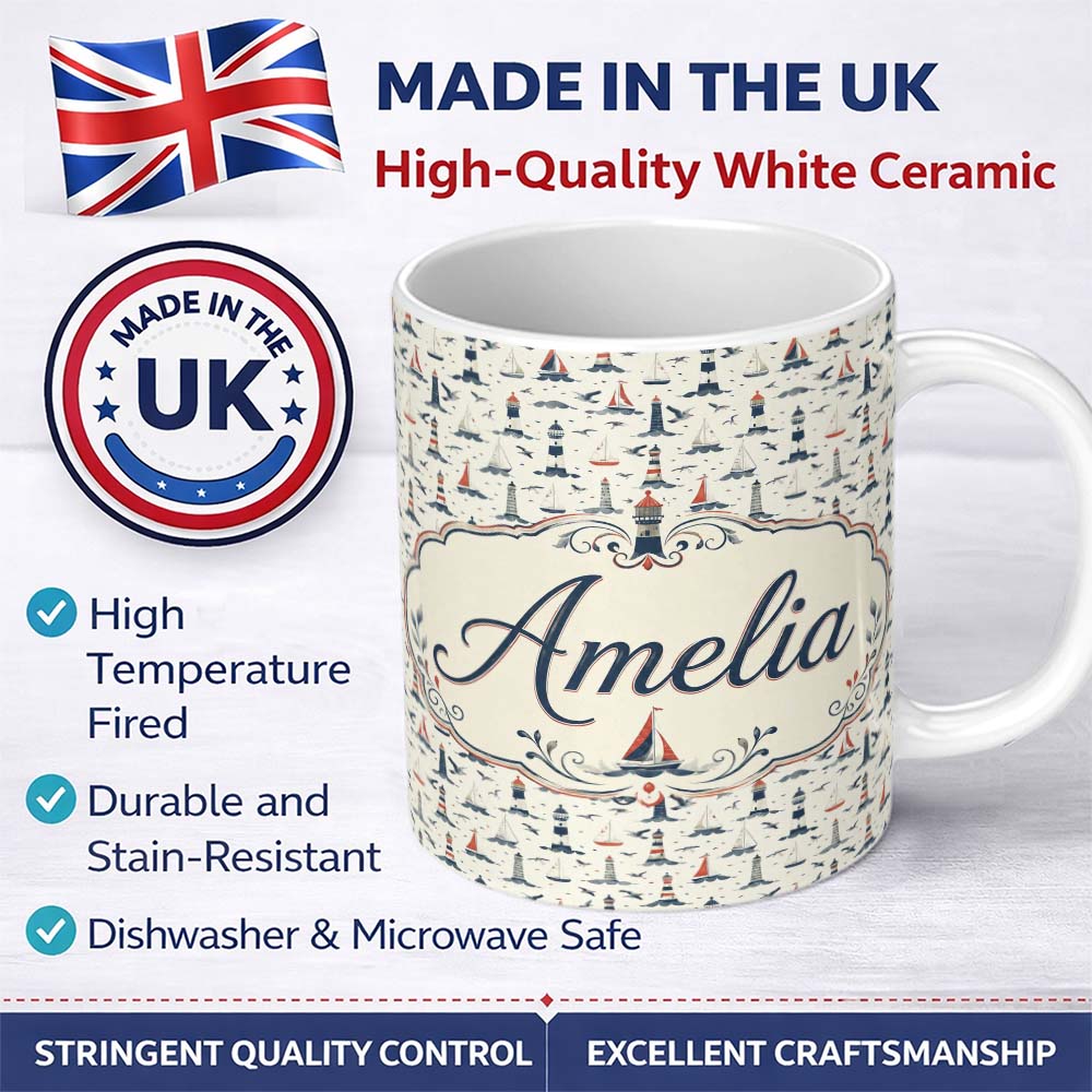 Personalized Custom Name Lighthouse Sailboat Seagull Seamless Pattern Coastal Nautical Scene 11oz Ceramic Coffee Tea Mug White Large Handle