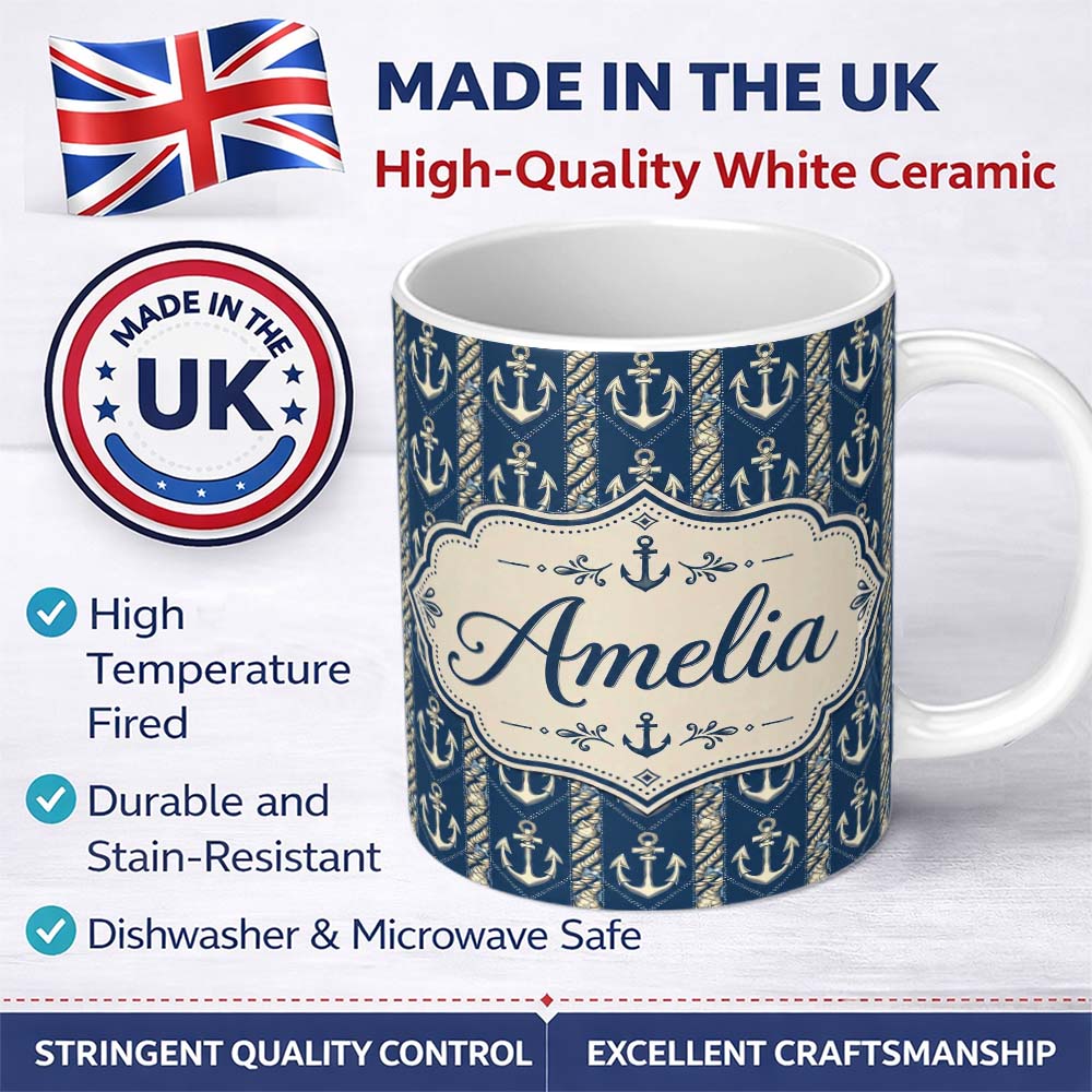 Personalized Custom Name Nautical Anchor Rope Stripe Seamless Pattern Classic Marine Ocean 11oz Ceramic Coffee Tea Mug White Large Handle