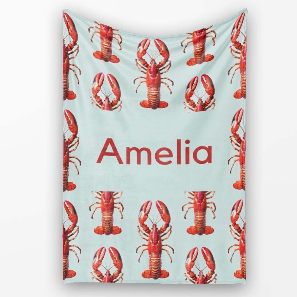 Realistic Red Lobster Seafood Seamless Pattern Marine Ocean Food Personalised Custom Name Super Soft Fleece Blanket Bed Sofa Throw