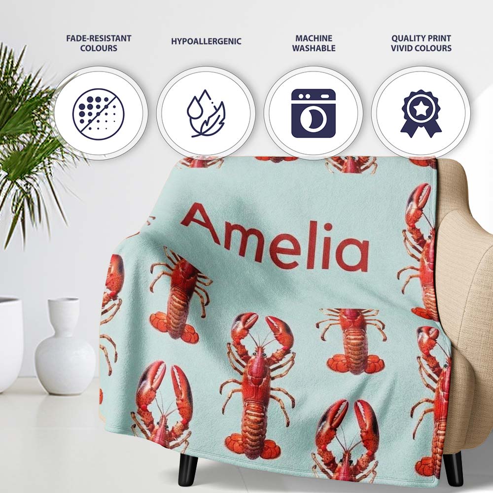 Realistic Red Lobster Seafood Seamless Pattern Marine Ocean Food Personalised Custom Name Super Soft Fleece Blanket Bed Sofa Throw