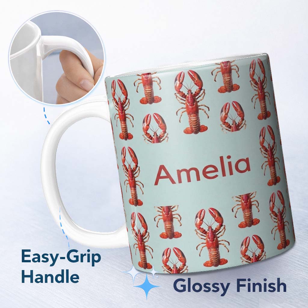 Personalized Custom Name Realistic Red Lobster Seafood Seamless Pattern Marine Ocean Food 11oz Ceramic Coffee Tea Mug White Large Handle
