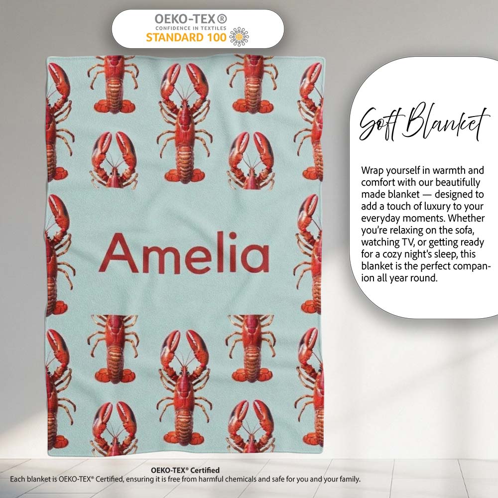 Realistic Red Lobster Seafood Seamless Pattern Marine Ocean Food Personalised Custom Name Super Soft Fleece Blanket Bed Sofa Throw