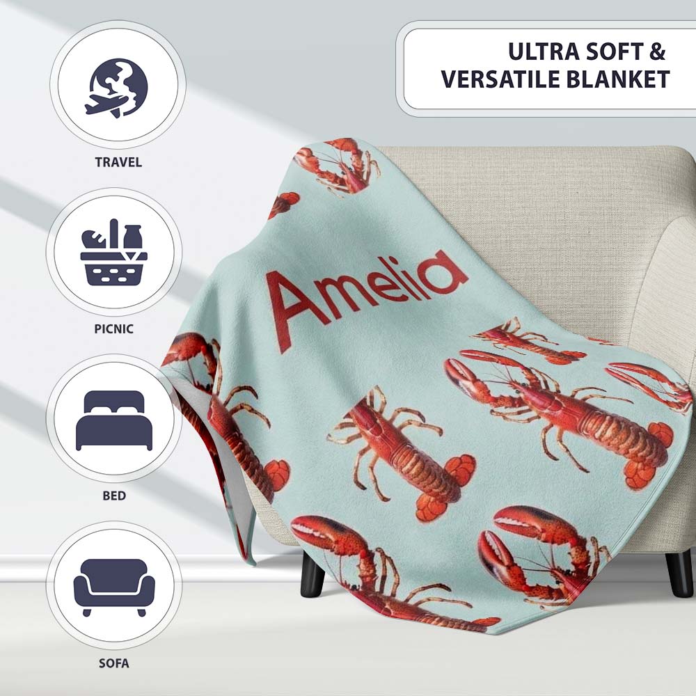 Realistic Red Lobster Seafood Seamless Pattern Marine Ocean Food Personalised Custom Name Super Soft Fleece Blanket Bed Sofa Throw