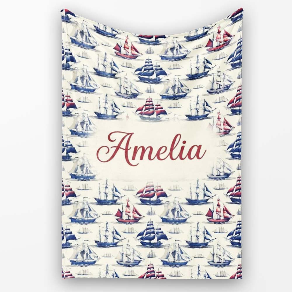 Vintage Sailing Ships Ocean Seamless Pattern Classic Nautical Personalised Custom Name Super Soft Fleece Blanket Bed Sofa Throw