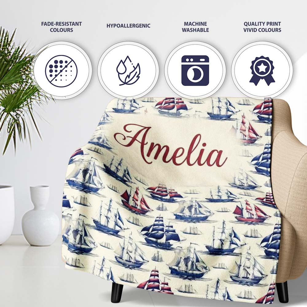 Vintage Sailing Ships Ocean Seamless Pattern Classic Nautical Personalised Custom Name Super Soft Fleece Blanket Bed Sofa Throw