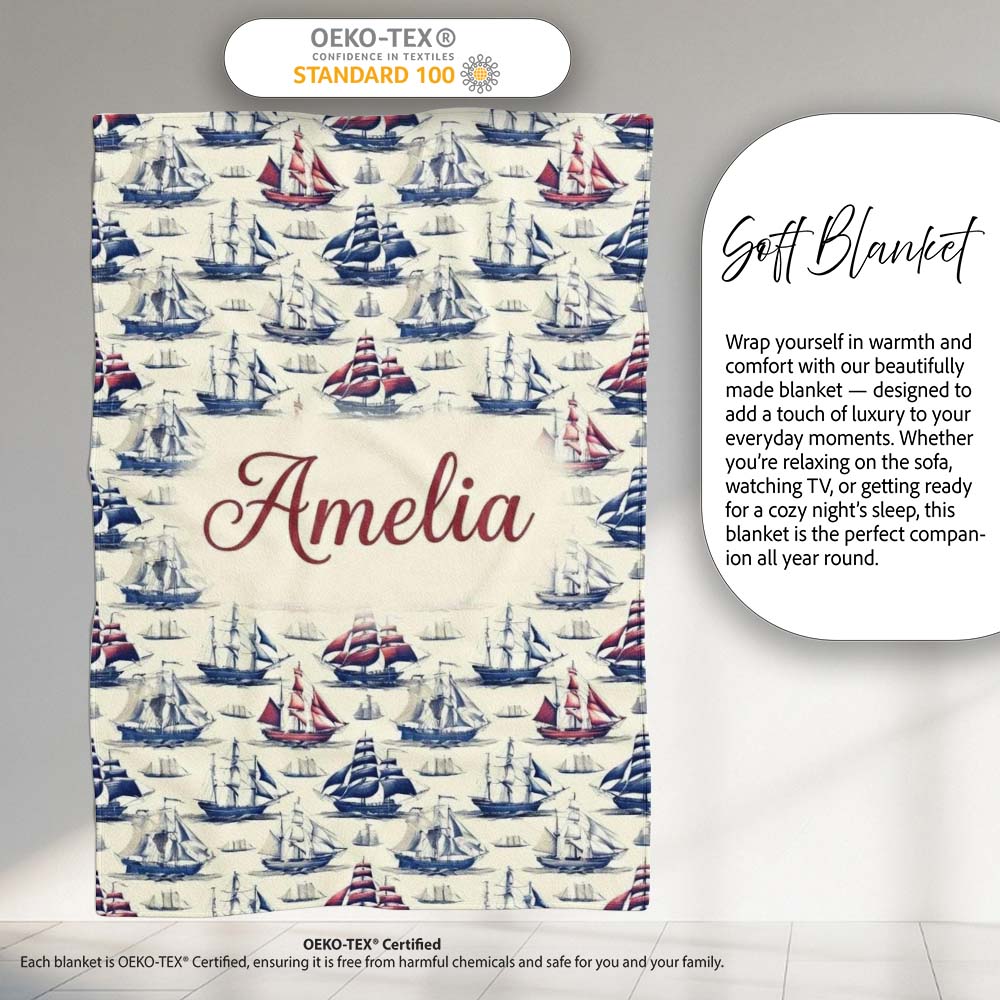 Vintage Sailing Ships Ocean Seamless Pattern Classic Nautical Personalised Custom Name Super Soft Fleece Blanket Bed Sofa Throw