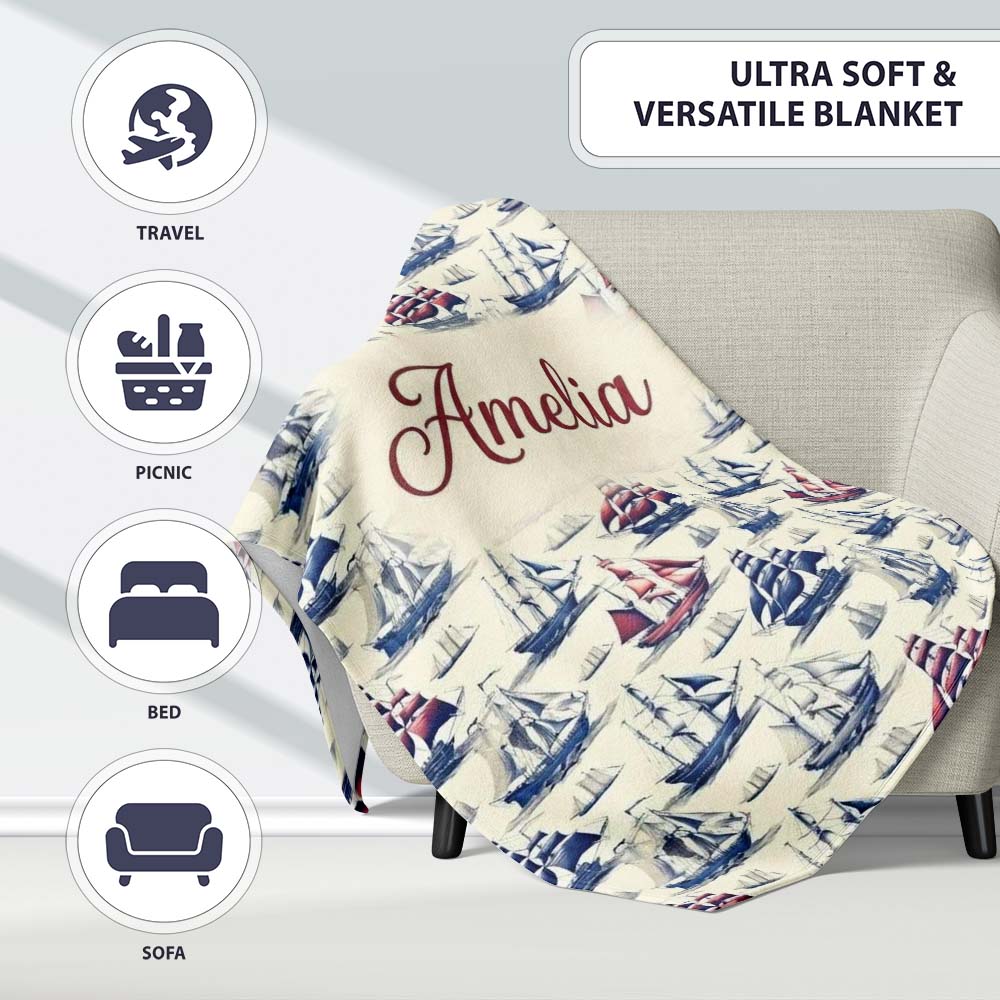 Vintage Sailing Ships Ocean Seamless Pattern Classic Nautical Personalised Custom Name Super Soft Fleece Blanket Bed Sofa Throw